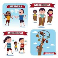 un grupo de niños indonesios está realizando competencias que generalmente se llevan a cabo el 17 de agosto, como la competencia de canicas, la competencia de comer galletas y la competencia de escalar arecas. vector