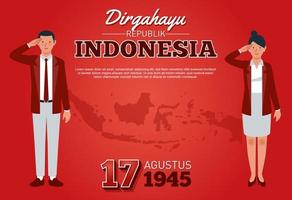 A pair of Indonesian men and women with red and white outfit are saluting the flag with the background of the Indonesian archipelago to commemorate Indonesia's independence day. vector