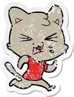 distressed sticker of a cartoon hissing cat vector