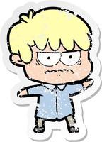 distressed sticker of a annoyed cartoon boy vector