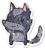 distressed sticker of a friendly cartoon wolf vector