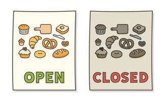 panadería tienda puerta papel signo abierto cerrado kawaii garabato plano dibujos animados vector ilustración