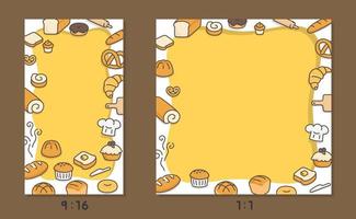 many kinds of bread border frame template kawaii doodle flat cartoon vector illustration