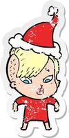 distressed sticker cartoon of a surprised girl wearing santa hat vector