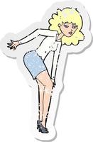 pegatina retro angustiada de una caricatura de una mujer molesta frotándose la rodilla vector