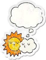 cartoon sun and cloud and thought bubble as a distressed worn sticker vector