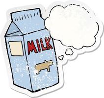 cartoon milk carton and thought bubble as a distressed worn sticker vector