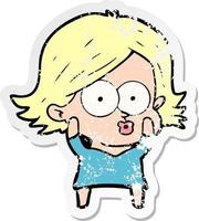 distressed sticker of a cartoon girl pouting vector