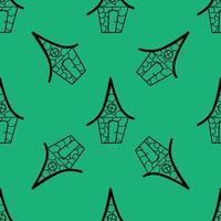 Seamless vector pattern of contour houses in doodle style on a green background.
