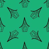 Seamless vector pattern of contour houses in doodle style on a green background.