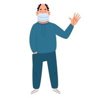 A fashionable man in a medical mask greets. Friendly greeting of a bald guy. vector