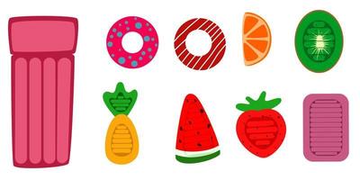 Set with air mattresses. Inflatable fruits and donuts. vector