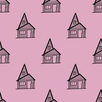 Seamless vector pattern of contour houses in doodle style on pink background.