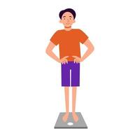 A man stands on the scales. Control of excess weight. vector