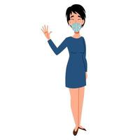 A fashionable Asian girl in a medical mask greets. Friendly greeting of a young woman. vector