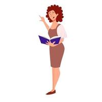 mujer con un libro en la mano. la persona reporta información importante. vector