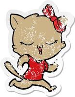 distressed sticker of a cartoon cat with bow on head vector