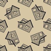 Seamless vector pattern of contour houses in doodle style on beige background.