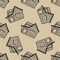 Seamless vector pattern of contour houses in doodle style on beige background.