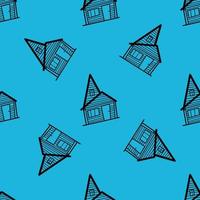 Seamless vector pattern of contour houses in doodle style on a blue background.