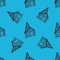 Seamless vector pattern of contour houses in doodle style on a blue background.