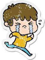 distressed sticker of a cartoon boy crying vector