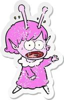 distressed sticker of a cartoon shocked alien girl vector