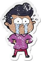 distressed sticker of a cartoon crying man with hands on hips vector