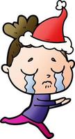 gradient cartoon of a crying woman wearing santa hat vector