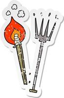 distressed sticker of a cartoon pitchfork and burning brand vector