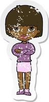retro distressed sticker of a cartoon woman with folded arms