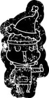 happy cartoon distressed icon of a robot wearing santa hat vector