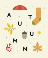 cartel de otoño con texto y elementos de temporada. postal de temporada de otoño con calcetines. hojas y fondo decorativo. vector