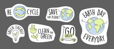 juego de pegatinas ecológicas con elementos de una línea. paquete de etiquetas de energía renovable. tierra sostenible y verde. etiqueta engomada del día de la tierra vector