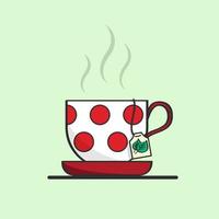 Isolated vector cup of tea on the light green background. White cup with red dots. Cup with with hot liquid inside and a tea bag lable. Cartoon icon