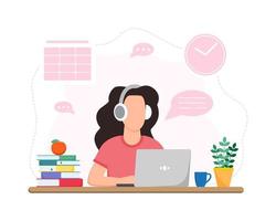 Working or studing at home. Girl sitting at table. Online education concept. Freelance. vector