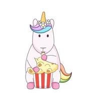 lindo unicornio de dibujos animados con palomitas de maíz vector