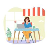 A girl sitting on chair and working or studing at cafe. Using laptop. Flat style. Vector illustration.