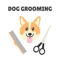 Dog grooming poster on white background with corgi and grooming equipment vector