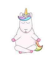 lindo unicornio de dibujos animados sentado en yoga asana vector