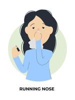 Girl with running nose. Flu symptoms information. Flat style, vector illustration.