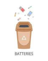 Batteries sorting concept. Container with empty batteries vector