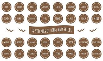 Set of herbs and spices stickers on brown background. Labels for packaging, food containers, SPA, cosmetics, healthcare, etc. vector