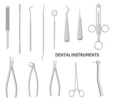 conjunto de instrumentos dentales. equipo médico para el cuidado de los dientes. vector