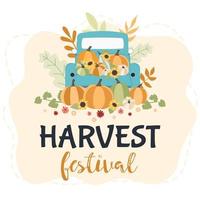 Autumn concept for Harvest festival or Thanksgiving Day. Blue car with pumkins, sunflowers and leaves. Background for posters, web, banners, flyers, postcards vector