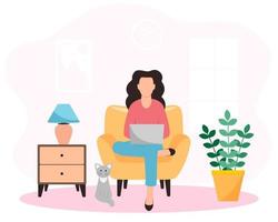 A girl sitting on chair and working or studing at home. Using laptop. Flat style. Vector illustration.