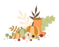 Autumn concept for Harvest festival. Rubber boots with pumkins. Background for posters, web, banners, flyers, postcards vector