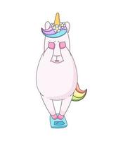 Cute cartoon unicorn stands on floor scales vector