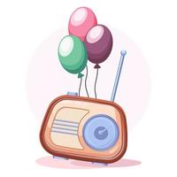 Cute retro radio with cake and balloons. Radio birthday background.