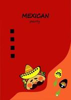 fiesta de menú infantil mexicano, garabato de sombrero de personaje, comida tradicional mexicana, ilustración de vector de estilo de boceto de garabato sobre fondo blanco